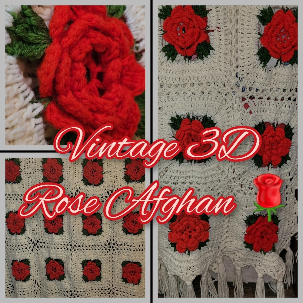 Vintage Handmade Crotched Afghan Heirloom Beauty 3D Red Roses Throw Blanket
